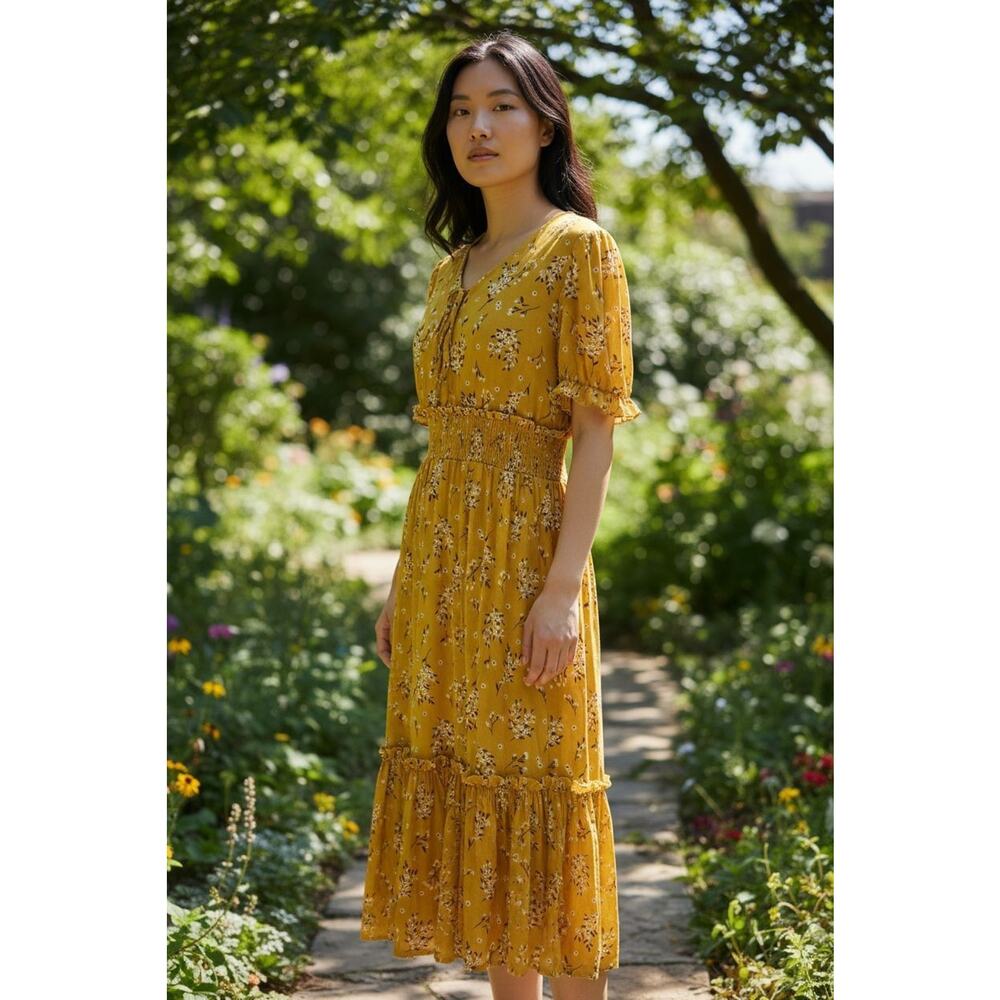 Sirenlily 3/4 Sleeve Maxi Floral Dress XL Yellow Lined Smocked Waist Tiered